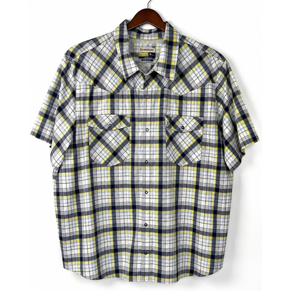 Magellan Outdoors Loose Fit Shirt Mens Blue/Yellow Plaid Snaps Fishing Size 3XL